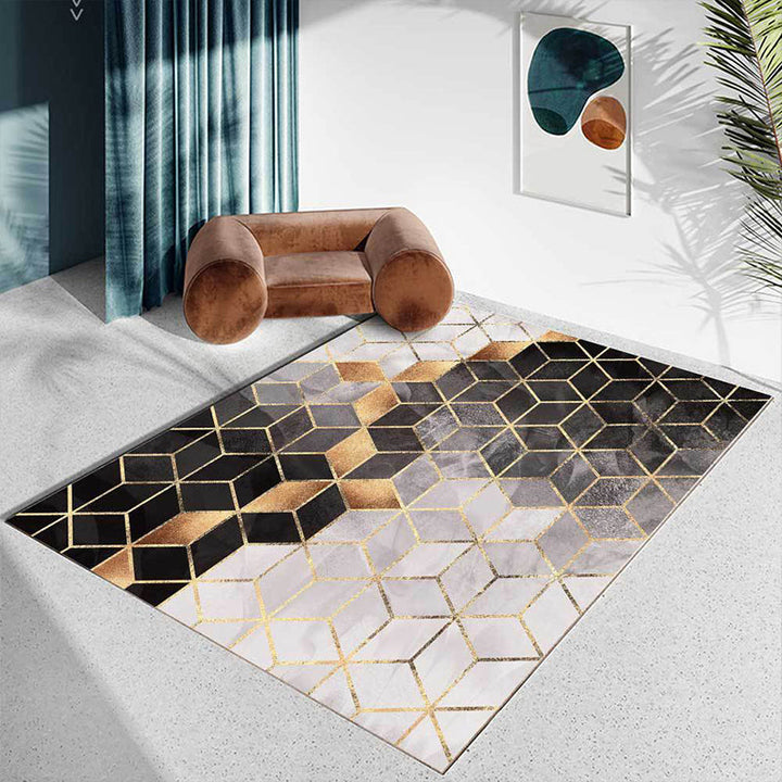 Contemporary geometric patterned carpet black and gray polyester rug machine washable non-slip rug for the living room | Bowlift