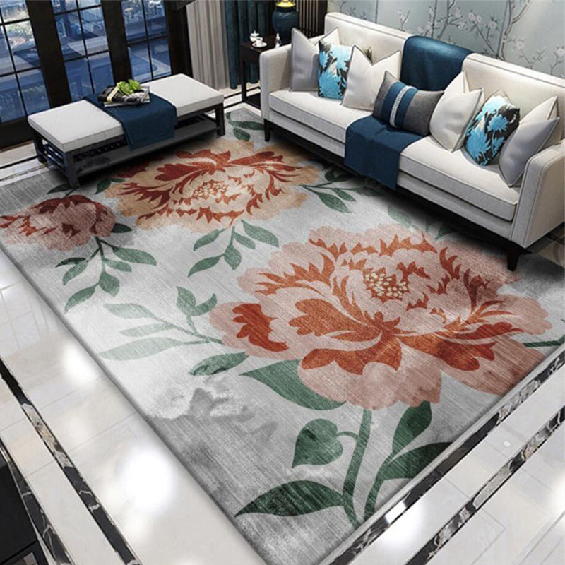 BowLift | Gray and Red Eastern Carpet Polyester Flower and Leaf Pattern Carpet Washable Non-Slip Rug for Bedroom