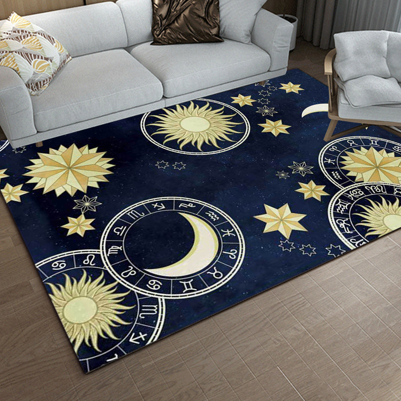 Blue Bedroom Rug Modern Space Sun Moon Pattern Rug Polyester Non-Slip Mat Rug | Bowlift