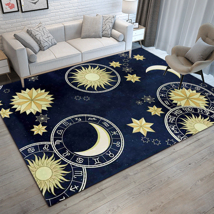 Blue Bedroom Rug Modern Space Sun Moon Pattern Rug Polyester Non-Slip Mat Rug | Bowlift