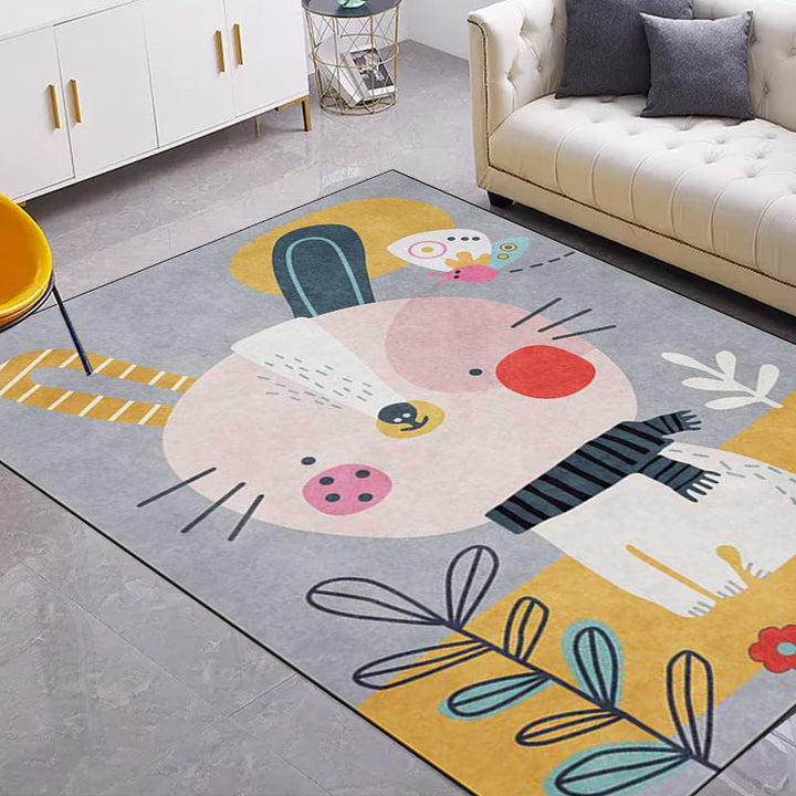 BowLift | Casual Kids Rug in Gray Animal Rabbit Floral Leaf Pattern Rug Polyester Pet-Friendly Washable Rug for Children's Room