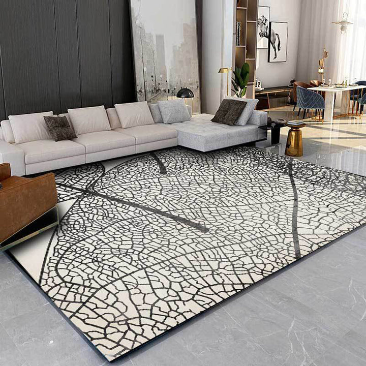 Unique leaf pattern rug gray and black Nordic rug polyester washable non-slip backing area rug for living room | Bowlift