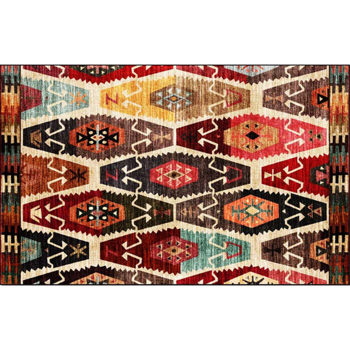 Retro Azulejos Pattern Rug Brown Multicolor Persian Rug Polyester Machine Washable Non-Slip Rug for the Bedroom | Bowlift