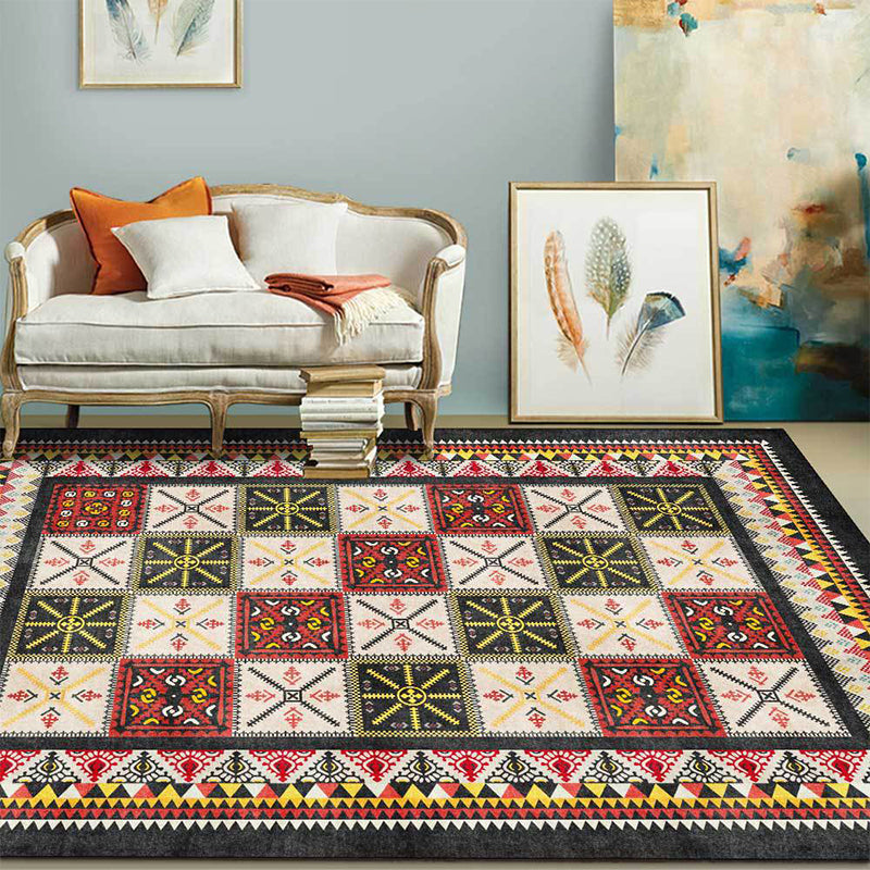 Tribal Azulejos Pattern Carpet Red and Green Mediterranean Carpet Polyester Machine Washable Non-Slip Carpet for the Bedroom | Bowlift