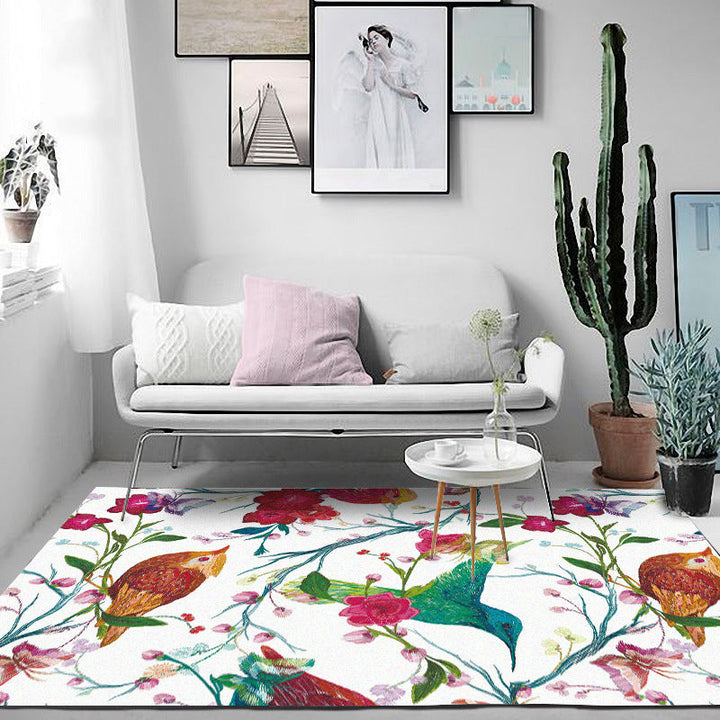 BowLift | Retro Bird Pattern Carpet with Flower and Leaf White Oriental Carpet Polyester Washable Non-Slip Back Floor Rug for Bedroom