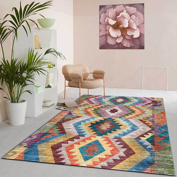 BowLift | Yellow Multicolored Tribal Carpet Polyester Geometric Pattern Rug Washable Non-Slip Rug for Living Room