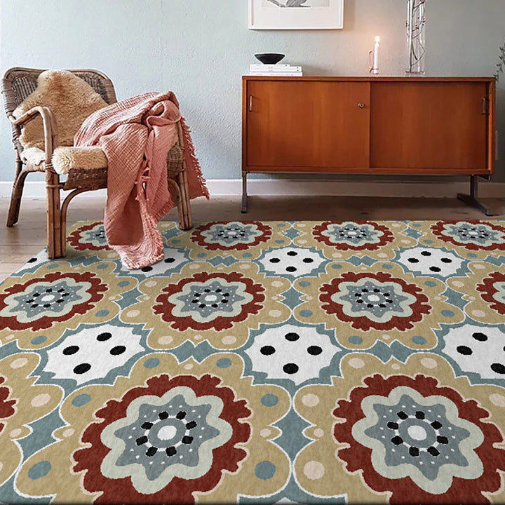 Persian checkered printed carpet with floral yellow polyester rug machine washable non-slip rug for the living room | Bowlift