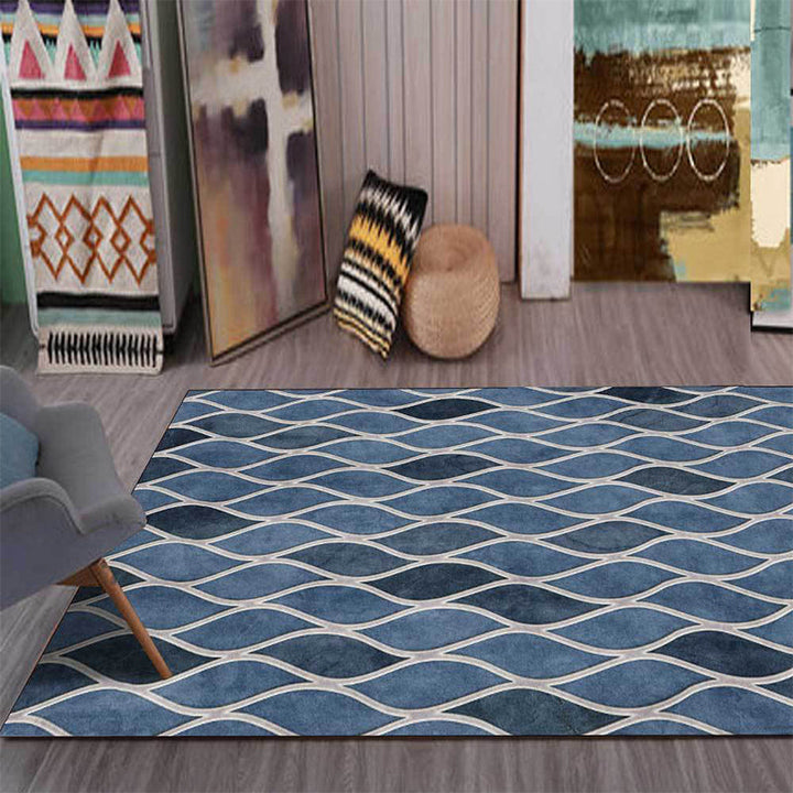 Funky geometric pattern rug blue Nordic rug polyester washable non-slip back rug for bedroom | Bowlift
