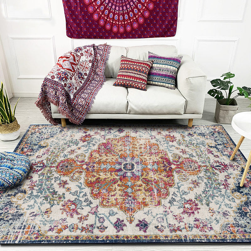 Orange Moroccan Carpet Polyester Medallion Pattern Carpet Washable Non-Slip Back Carpet for the Living Room | Bowlift