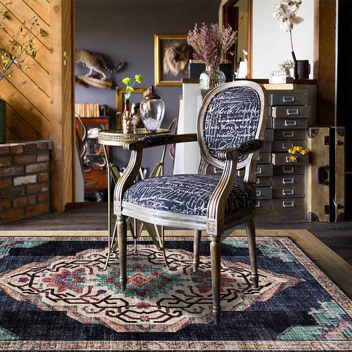 BowLift | Vintage Medallion Pattern Rug Black Polyester Rug Machine Washable Non-Slip Rug for the Living Room
