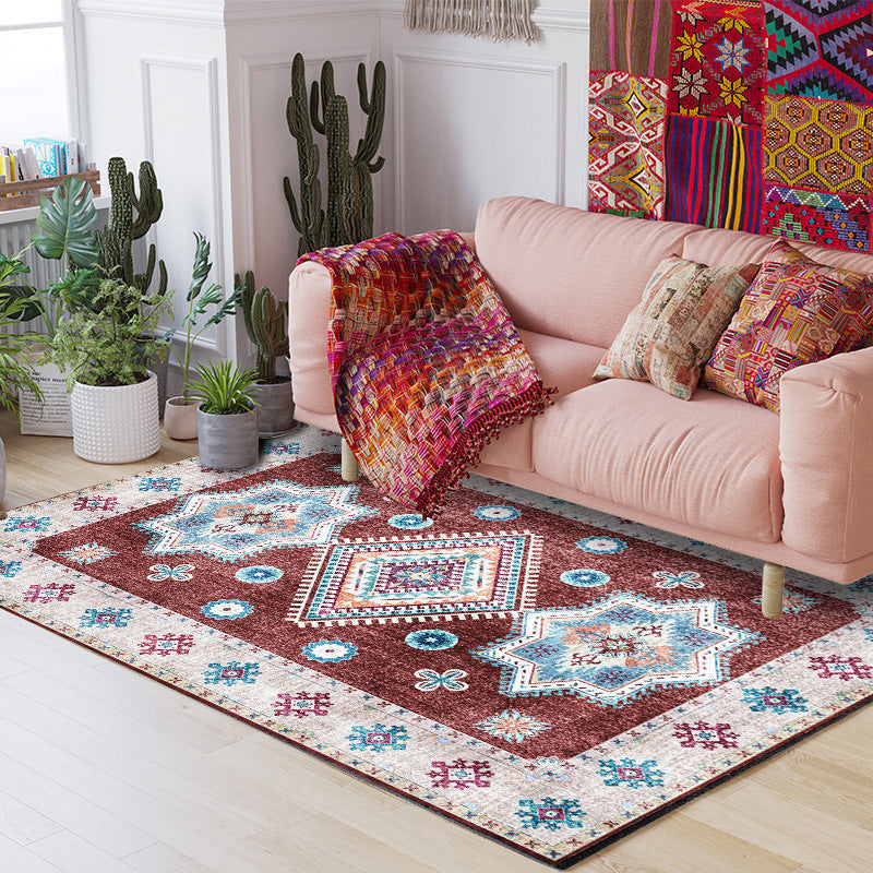 Whitewash Medallion Pattern Rug Red Moroccan Rug Polyester Machine Washable Non-Slip Rug for the Bedroom | Bowlift