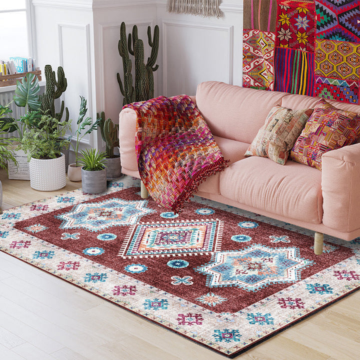 Whitewash Medallion Pattern Rug Red Moroccan Rug Polyester Machine Washable Non-Slip Rug for the Bedroom | Bowlift