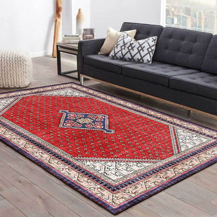Tribal Medallion Pattern Rug Red Mediterranean Rug Polyester Machine Washable Non-Slip Rug for the Bedroom | Bowlift
