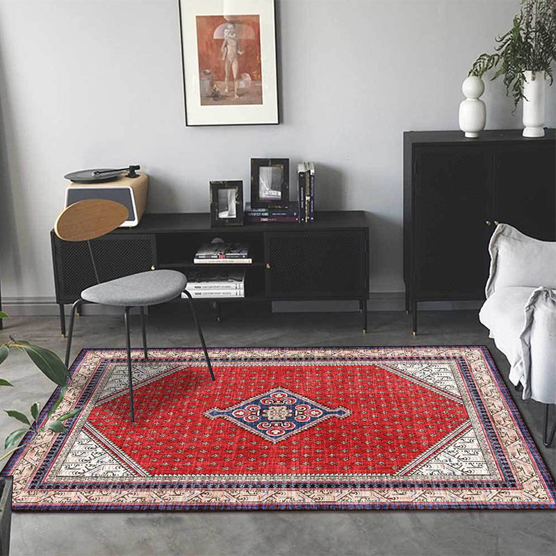 Tribal Medallion Pattern Rug Red Mediterranean Rug Polyester Machine Washable Non-Slip Rug for the Bedroom | Bowlift