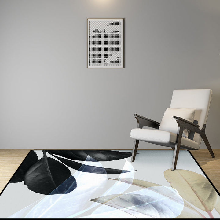 BowLift | Black and White Oriental Carpet Polyester Leaf Pattern Carpet Washable Non-Slip Backing Rug for Living Room