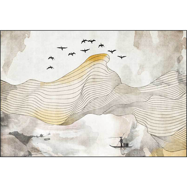 BowLift | Vintage Swirl Stripe pattern rug with bird and character yellow polyester rug machine washable non-slip rug for the bedroom