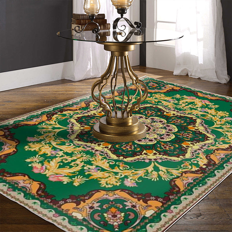 Moroccan medallion pattern rug with floral green polyester rug machine washable non-slip rug for the living room | Bowlift