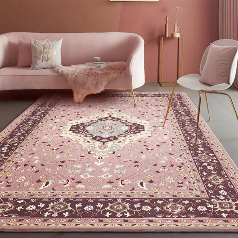 Pink Mediterranean Carpet Polyester Medallion and Floral Print Carpet Washable Non-Slip Back Carpet for Living Room | Bowlift