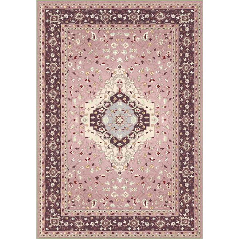 Pink Mediterranean Carpet Polyester Medallion and Floral Print Carpet Washable Non-Slip Back Carpet for Living Room | Bowlift