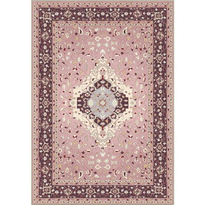 Pink Mediterranean Carpet Polyester Medallion and Floral Print Carpet Washable Non-Slip Back Carpet for Living Room | Bowlift