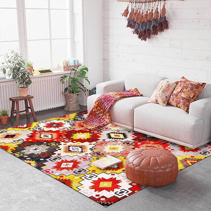 BowLift | Red Multicolor Mediterranean Carpet Polyester Tiles Printed Rug Washable Non-Slip Back Carpet for Living Room