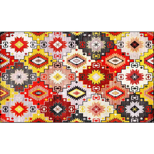 BowLift | Red Multicolor Mediterranean Carpet Polyester Tiles Printed Rug Washable Non-Slip Back Carpet for Living Room