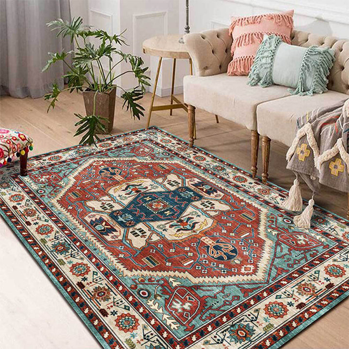 Vintage medallion pattern rug red and green polyester rug machine washable non-slip rug for the living room | Bowlift
