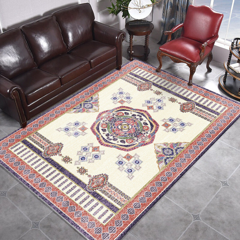 Beige and Red Vintage Carpet Polyester Medallion Pattern Carpet Washable Non-Slip Backing Carpet for Living Room | Bowlift