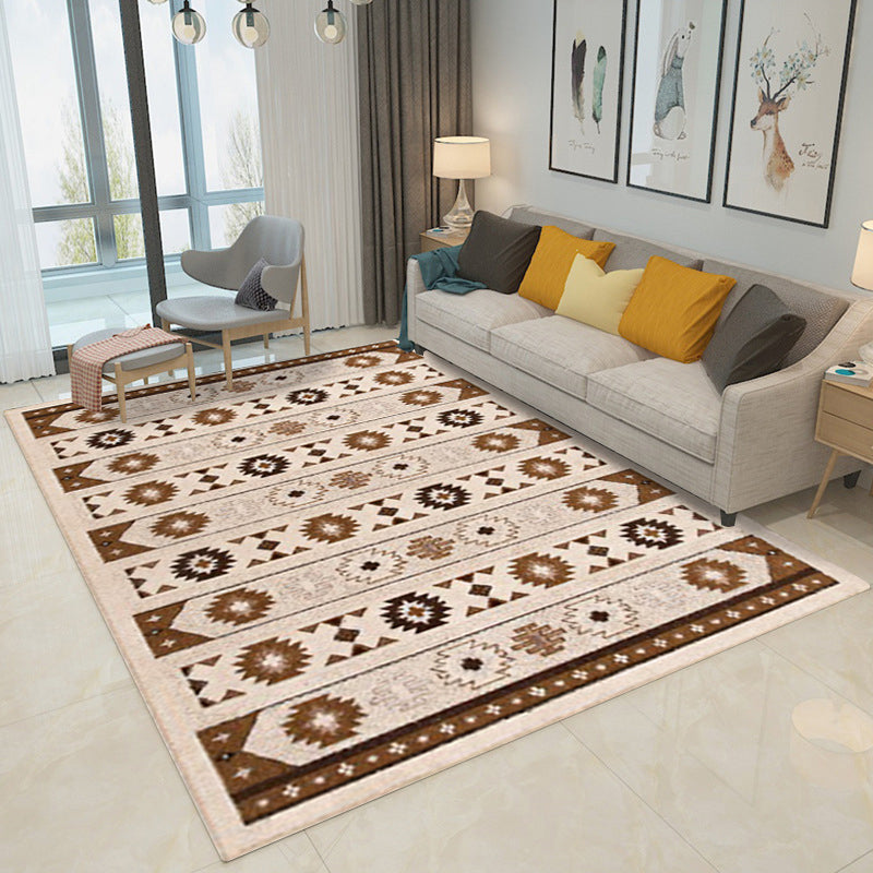 BowLift | Blue and brown tribal rug striped polyester and tribal pattern rug washable non-slip backing rug for living room