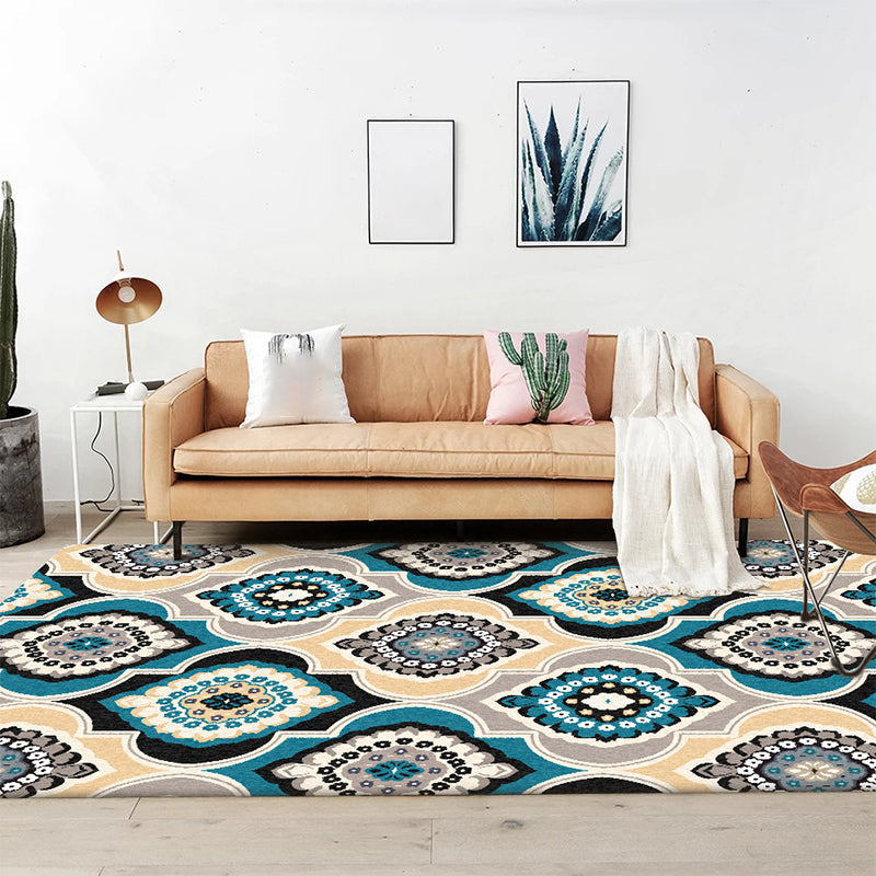 BowLift | Classic Floral Pattern Rug Blue Vintage Rug Polyester Washable Non-Slip Mat Rug for Bedroom