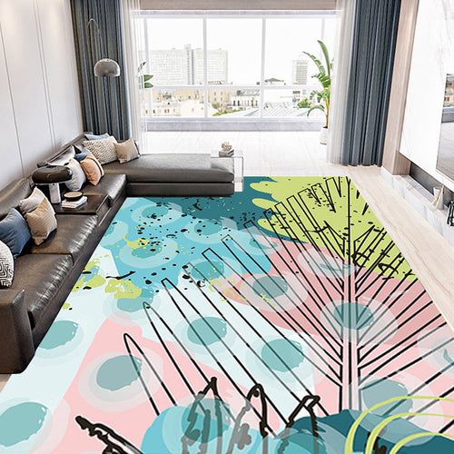 Green and Pink Modern Carpet Polyester Leaf Pattern Carpet Washable Non-Slip Back Carpet for Living Room | Bowlift