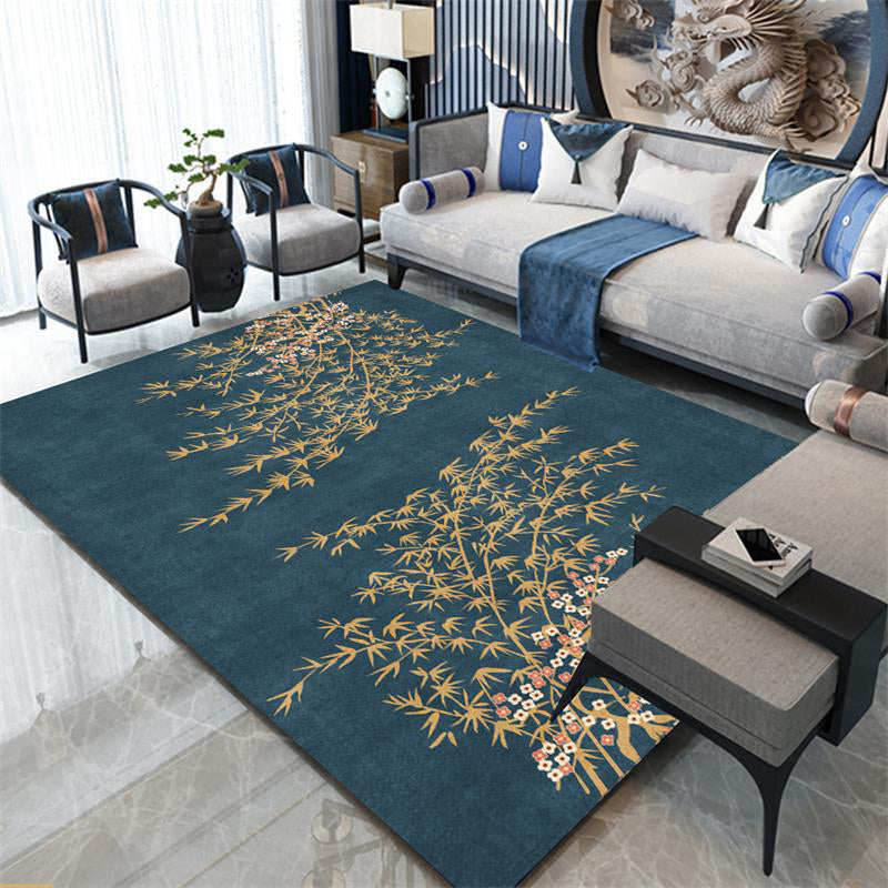 BowLift | Retro Leaf Pattern Rug Navy Oriental Rug Polyester Washable Non-Slip Back Rug for Bedroom