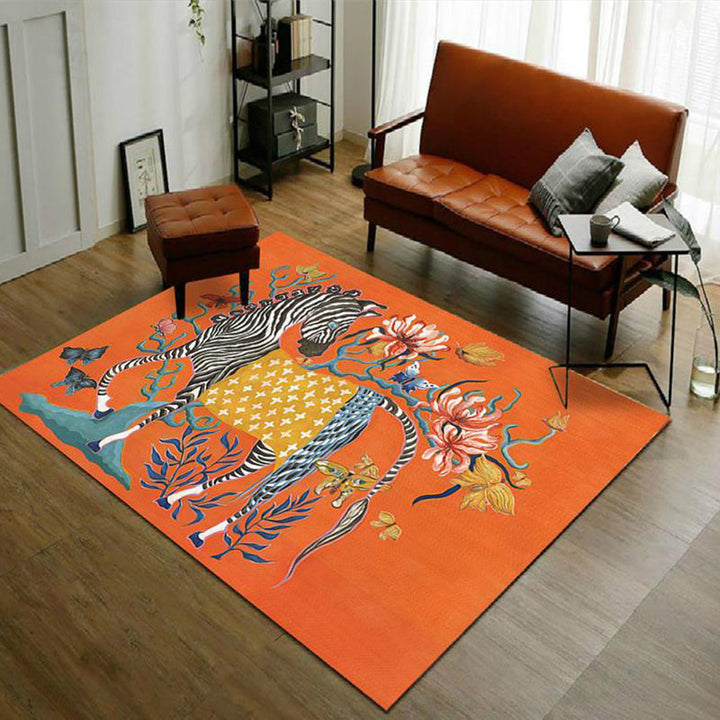 Casual zebra pattern rug with floral orange polyester rug, machine washable, non-slip rug for the bedroom | Bowlift