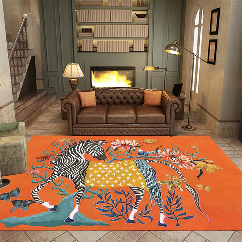 Casual zebra pattern rug with floral orange polyester rug, machine washable, non-slip rug for the bedroom | Bowlift
