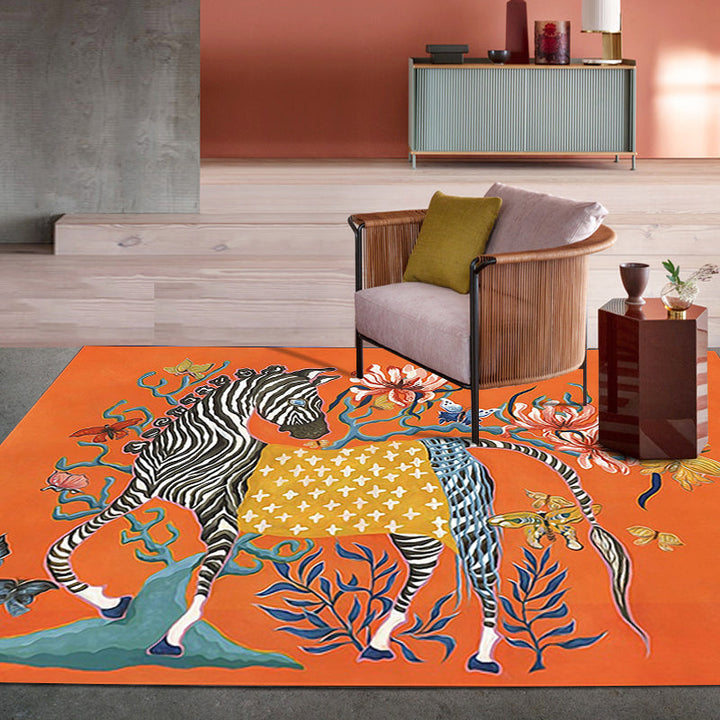 Casual zebra pattern rug with floral orange polyester rug, machine washable, non-slip rug for the bedroom | Bowlift