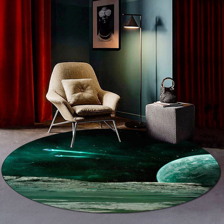 Nordic modern rug in green space planet spaceship pattern rug polyester pet-friendly rug for home decor | Bowlift