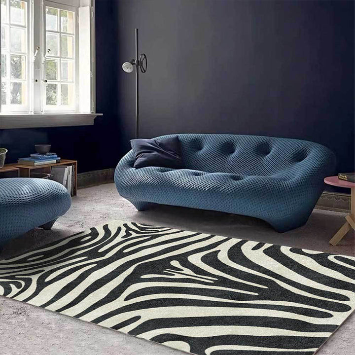 Contemporary Zebra Stripe Rug Black and White Polyester Rug Machine Washable Non-Slip Rug for the Bedroom | Bowlift