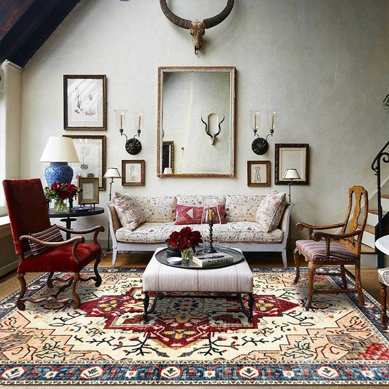 BowLift | Moroccan Medallion Print Rug Light Brown Polyester Rug Machine Washable Non-Slip From the Floor for the Living Room