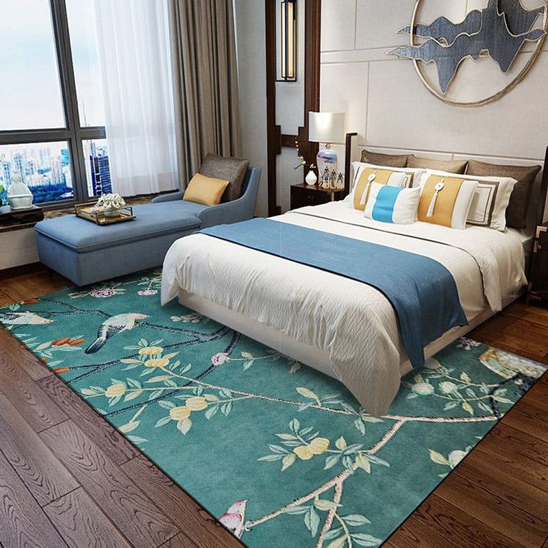 BowLift | Retro Leaf Pattern Carpet with floral and bird green Oriental carpet washable polyester non-slip underlay carpet for bedroom