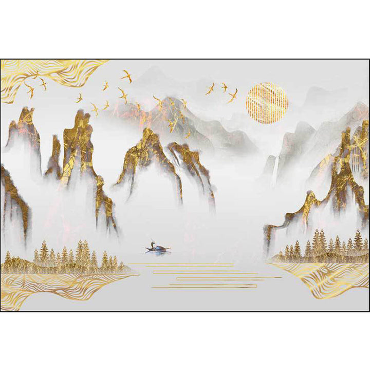 BowLift | Retro Mountain Pattern Carpet with Character and Bird Golden Eastern Carpet Polyester Washable Non-Slip Backing Area Rug for Living Room
