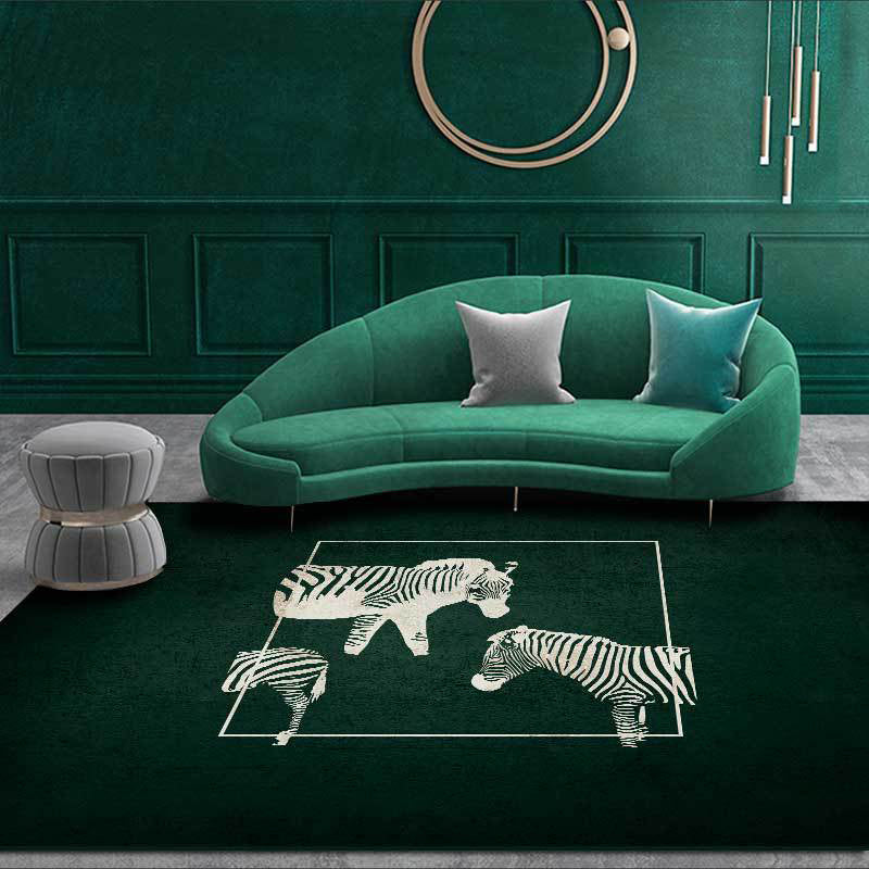 Stylish zebra pattern rug dark green Nordic rug polyester washable non-slip backing rug for the living room | Bowlift