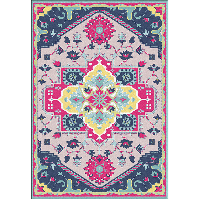 Pink and Blue Mediterranean Carpet Polyester Medallion Pattern Carpet Washable Non-Slip Backing Carpet for Living Room | Bowlift