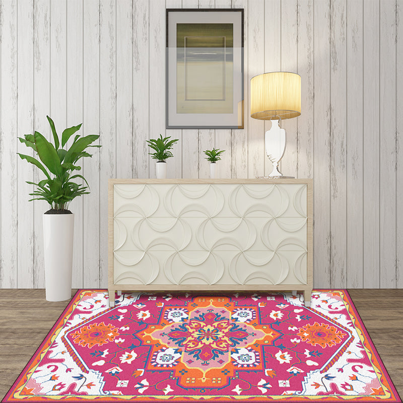 Pink and Blue Mediterranean Carpet Polyester Medallion Pattern Carpet Washable Non-Slip Backing Carpet for Living Room | Bowlift
