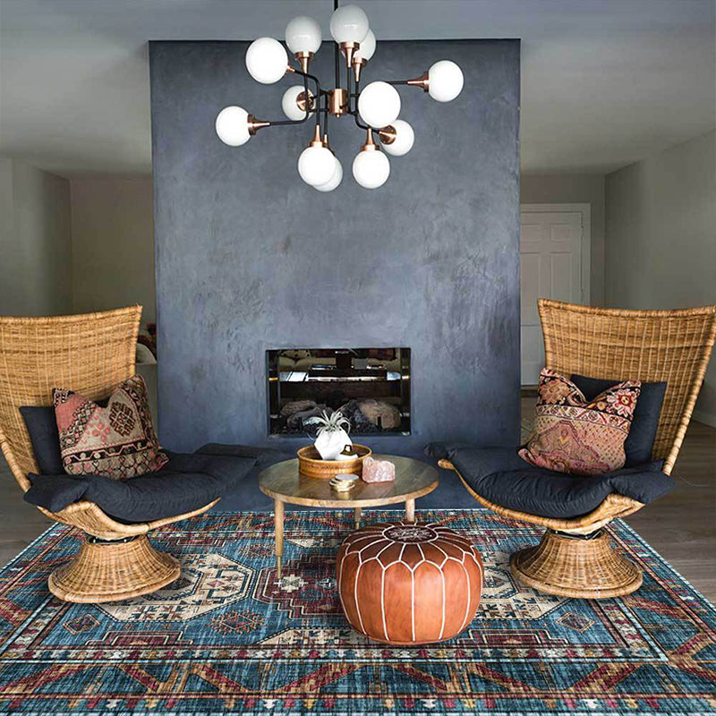 Moroccan medallion pattern rug blue polyester rug machine washable non-slip rug for the living room | Bowlift