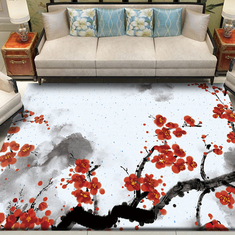 BowLift | Red and White Oriental Carpet Polyester Ink Wash Paint Pattern Carpet Washable Nonslip Back Carpet for Bedroom