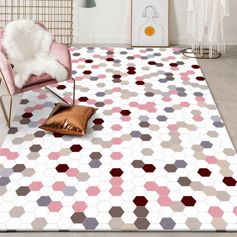White Bedroom Rug Modern Polka Dot Pattern Hexagon Pattern Rug Polyester Non-Slip Back Rug | Bowlift