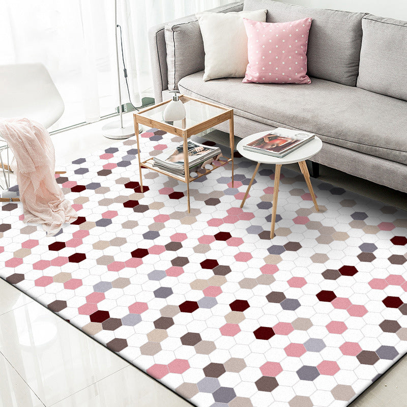 White Bedroom Rug Modern Polka Dot Pattern Hexagon Pattern Rug Polyester Non-Slip Back Rug | Bowlift
