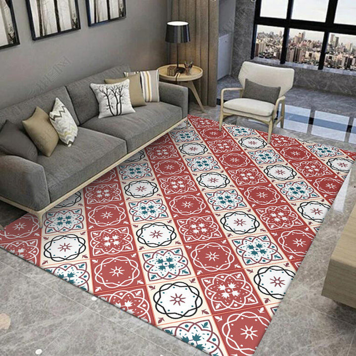 Classic checkered pattern rug with floral red vintage rug made of polyester washable with non-slip backing rug for the bedroom | Bowlift