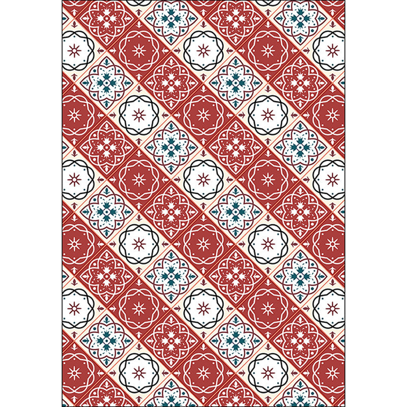 Classic checkered pattern rug with floral red vintage rug made of polyester washable with non-slip backing rug for the bedroom | Bowlift