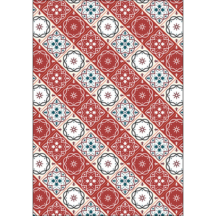 Classic checkered pattern rug with floral red vintage rug made of polyester washable with non-slip backing rug for the bedroom | Bowlift